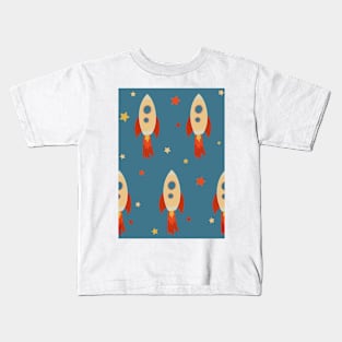 Retro Rocket Ships and Stars repeat pattern on blue background Kids T-Shirt